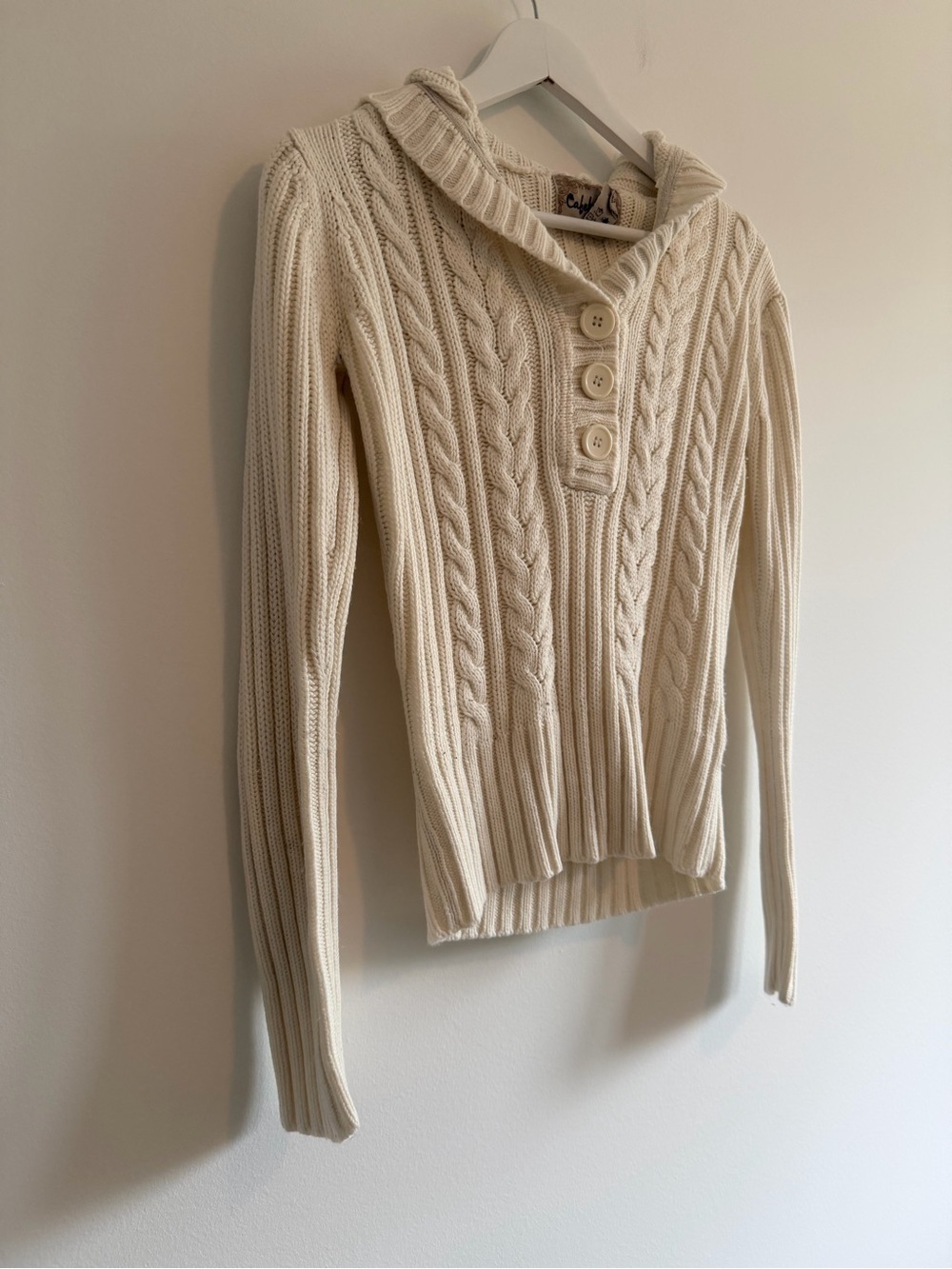 Y2K Cream Cable-Knit Hooded Sweater with Button Placket - Picture 2 of 6